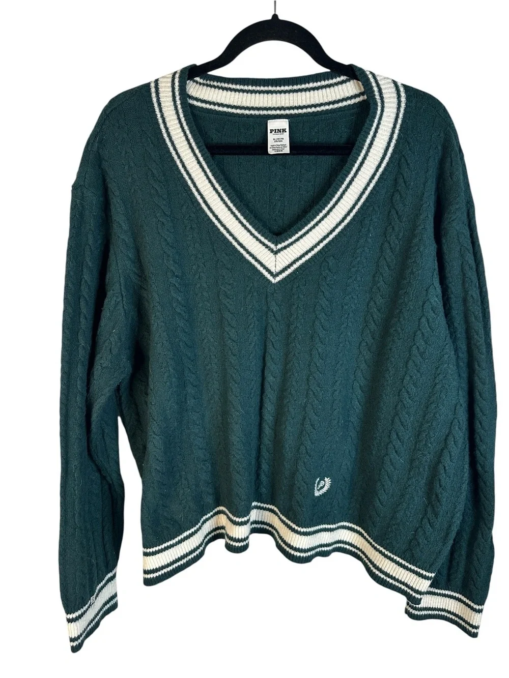 PINK Victoria's Secret Green Knit‎ Academia Embroidered Crest V-Neck Sweater XL
